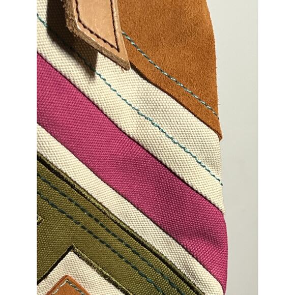 Fossil Jesse Large Pink Green Suede Canvas 2 Strap Tote Bag Purse and Keychain - Picture 6 of 8